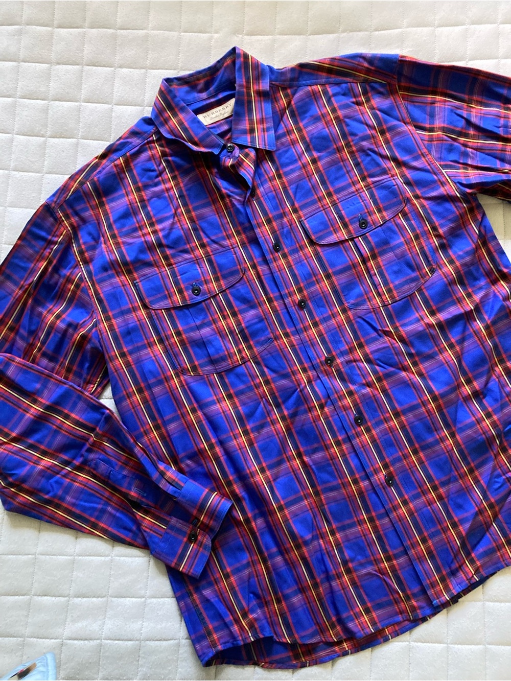 Burberry Men’s Blue and Red Plaid Button-Down Shirt